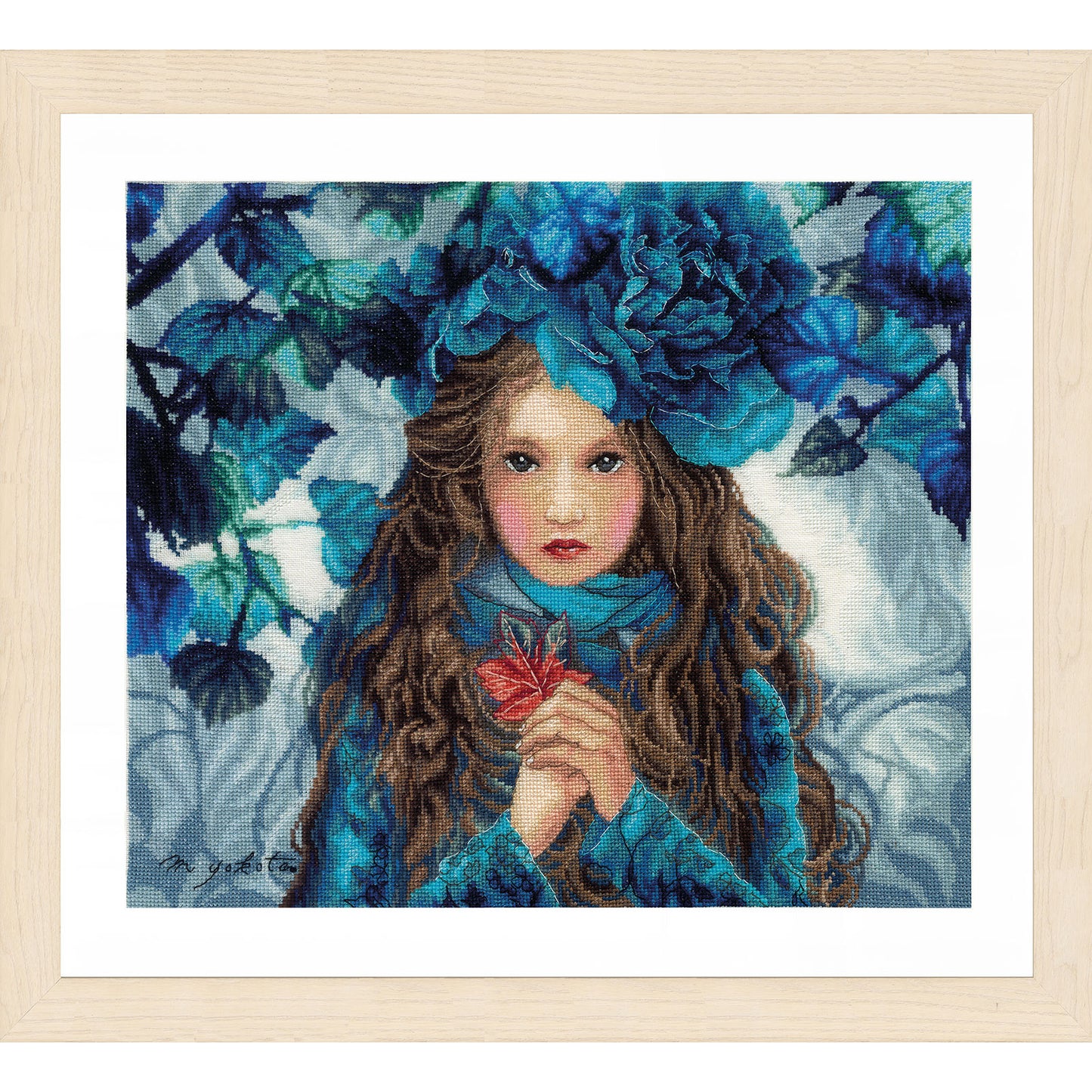 LanArte | Borduurpakket Blue flowers girl | 38 x 32 cm