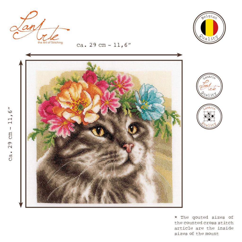 LanArte | Borduurpakket Maine coon met bloemenkrans | Katoen | 29 x 29 cm