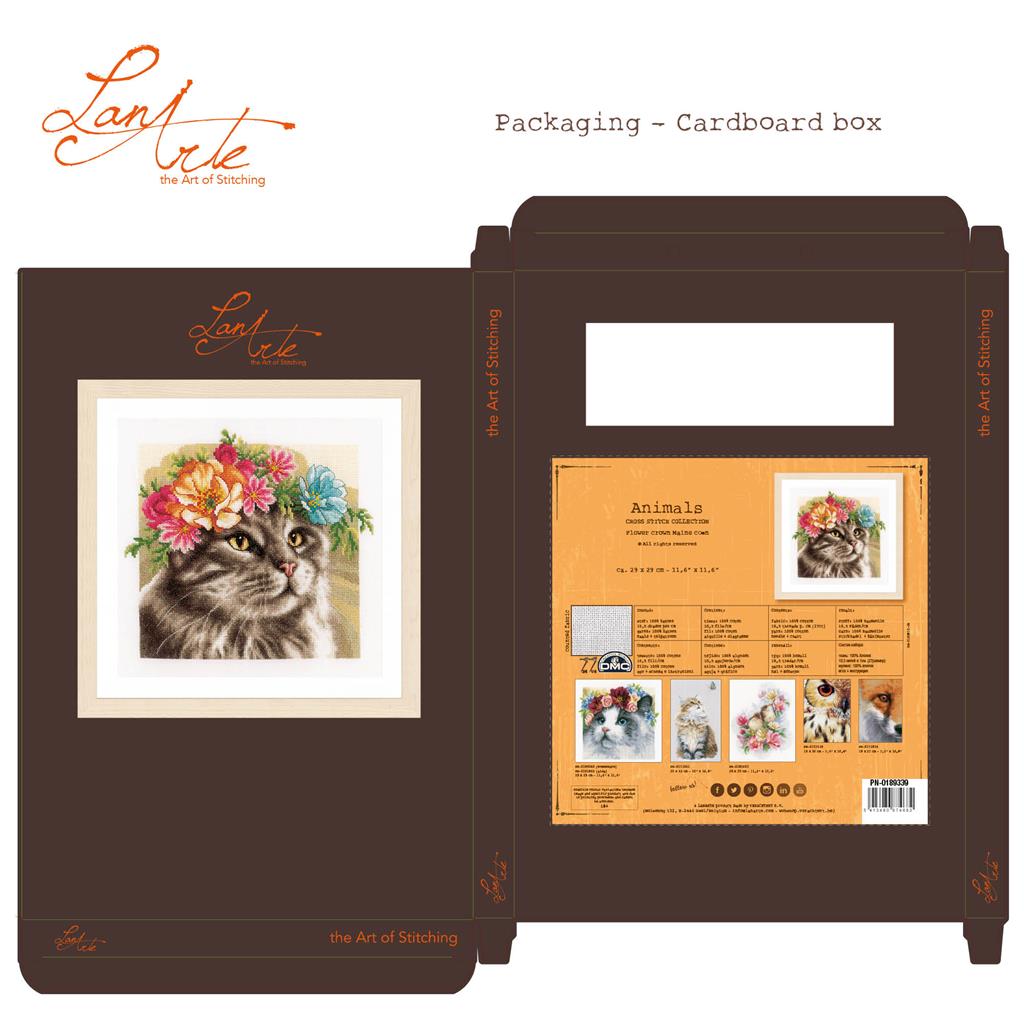 LanArte | Borduurpakket Maine coon met bloemenkrans | Katoen | 29 x 29 cm