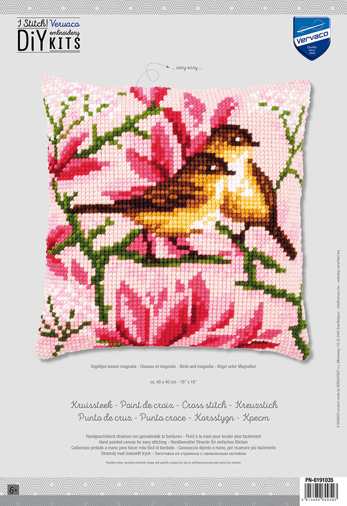 Vervaco | Kruissteekkussen kit Vogeltjes tussen magnolia