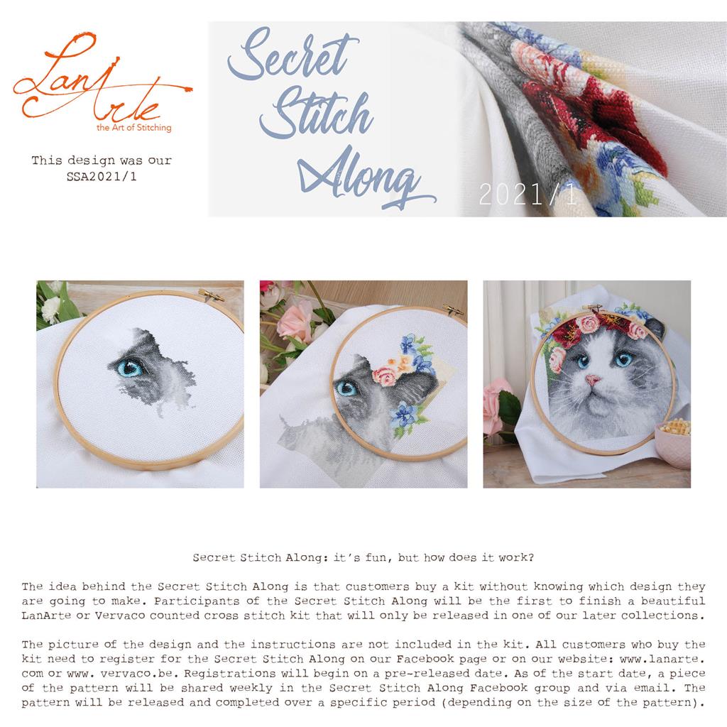 LanArte | Borduurpakket Ragdoll met bloemenkrans | Aida | 29 x 29 cm