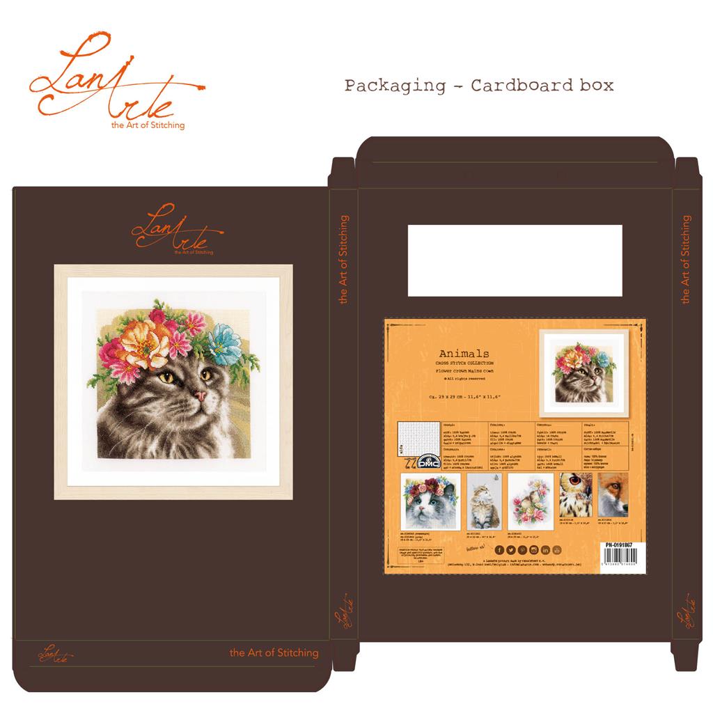 LanArte | Borduurpakket Maine coon met bloemenkrans | Aida | 29 x 29 cm