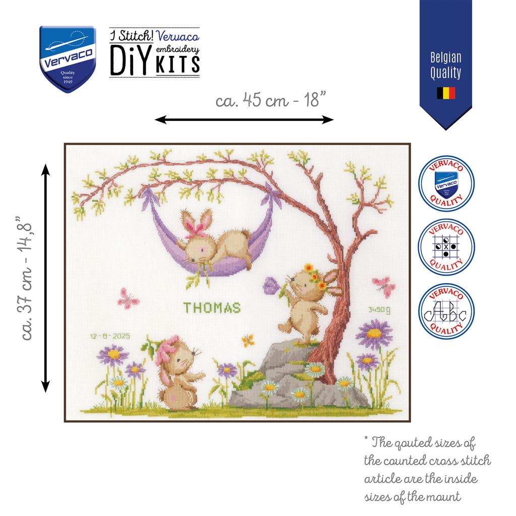Vervaco | Telpakket kit Konijntjes in de bloementuin | ca. 45 x 37 cm