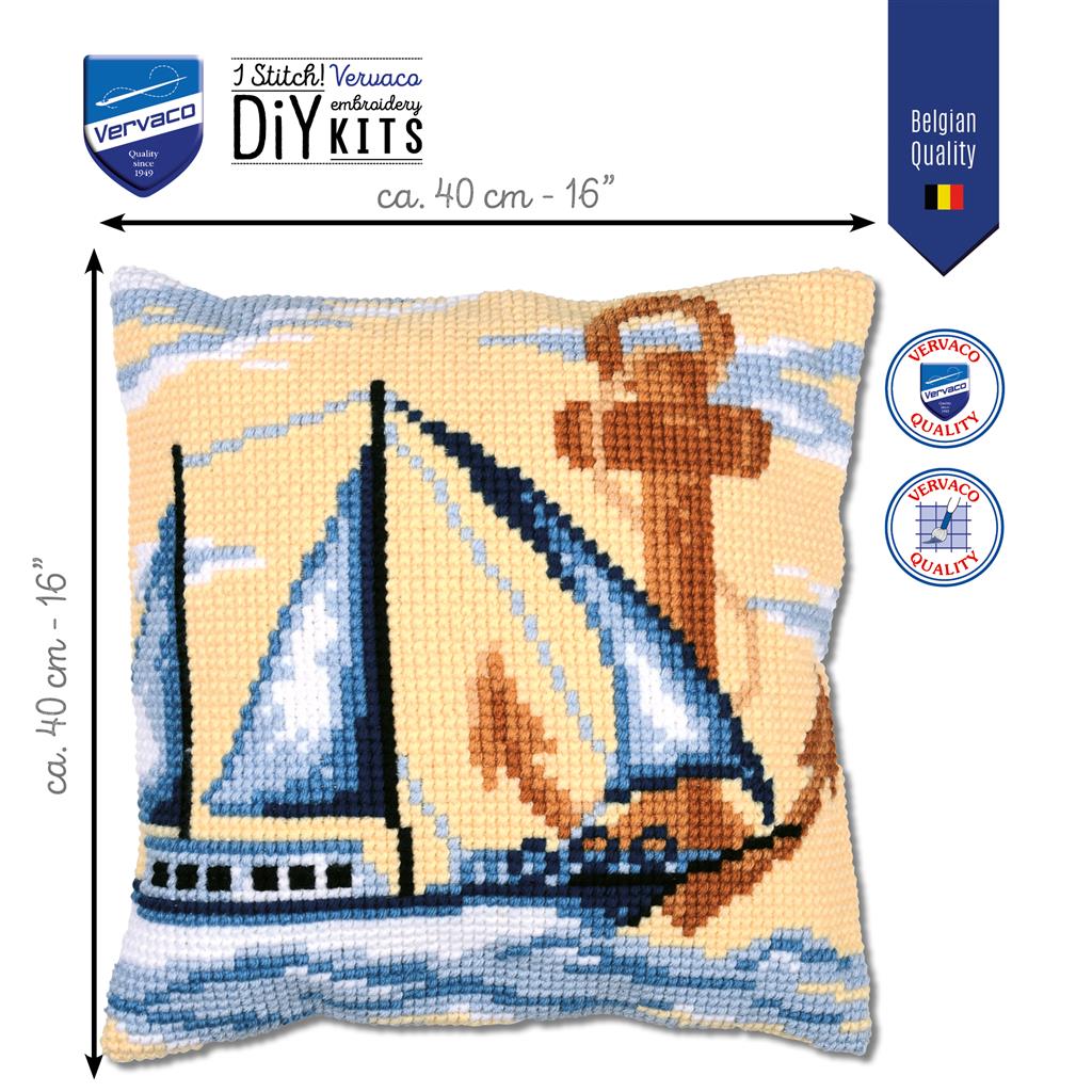 Vervaco | Kruissteekkussen kit Zeilboot | ca. 40 x 40 cm