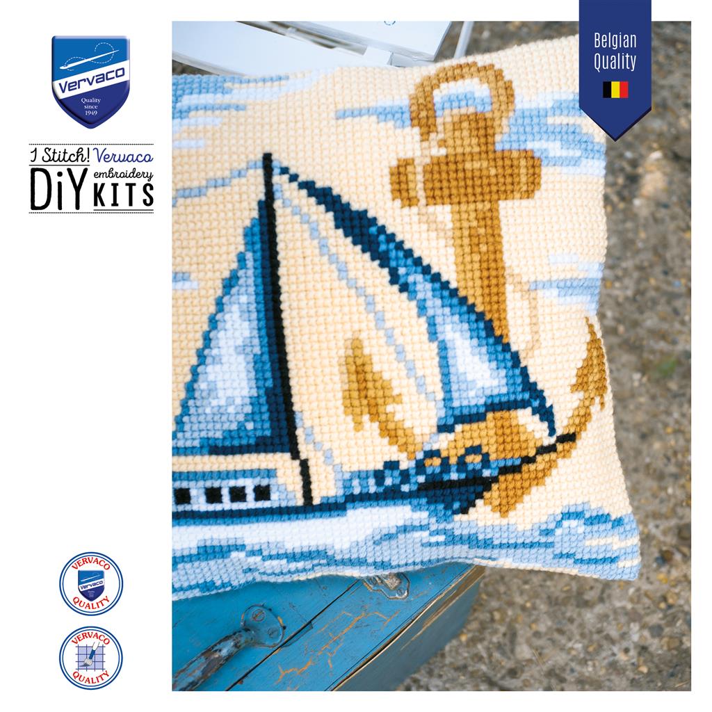 Vervaco | Kruissteekkussen kit Zeilboot | ca. 40 x 40 cm