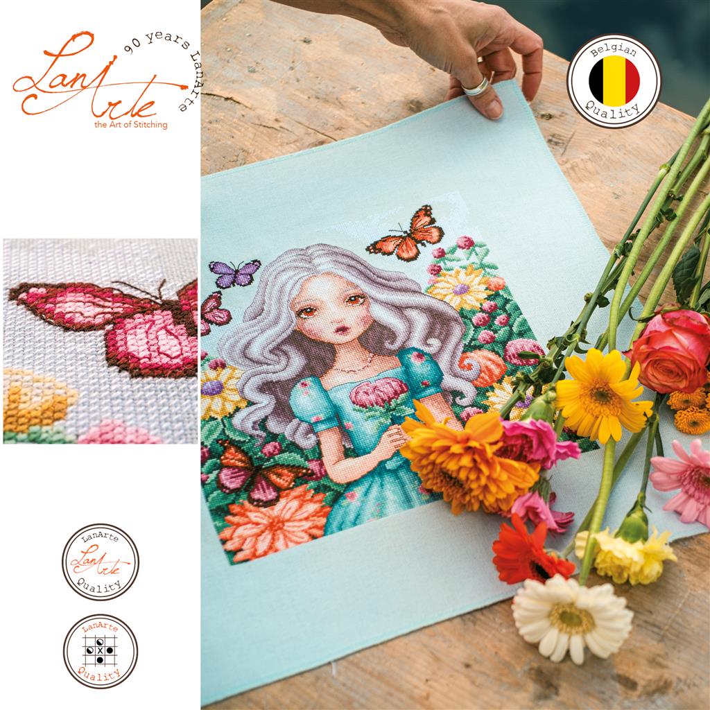 LanArte | Borduurpakket Meisje met dahlia's en vlinders | 29 x 29 cm