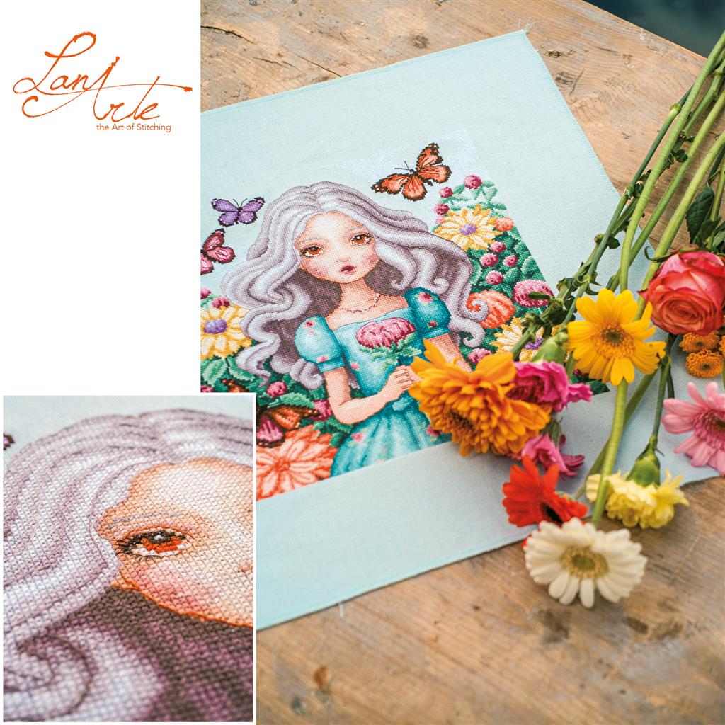 LanArte | Borduurpakket Meisje met dahlia's en vlinders | 29 x 29 cm