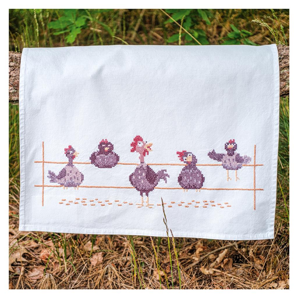 Vervaco | Handdoek kit Grappige kippen | ca. 46 x 71 cm