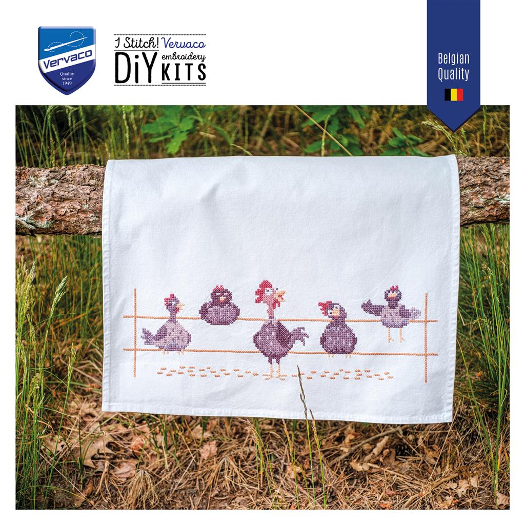 Vervaco | Handdoek kit Grappige kippen | ca. 46 x 71 cm