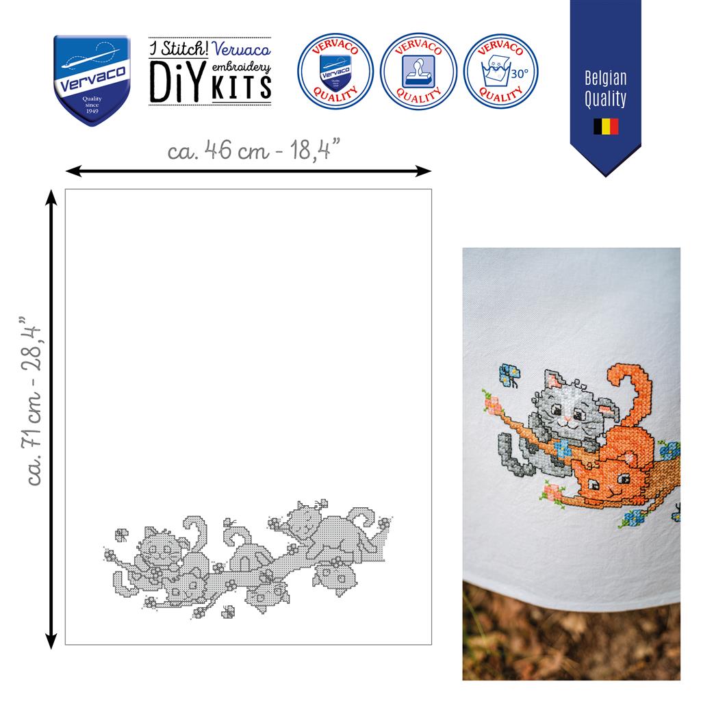 Vervaco | Handdoek kit Spelende poesjes | ca. 46 x 71 cm