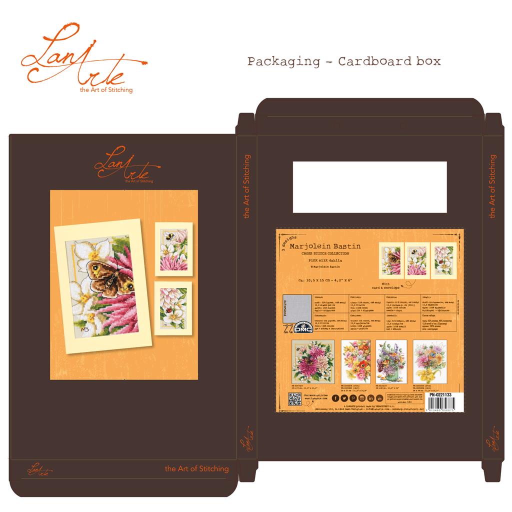 LanArte | Wenskaart kit Roze dahlia set van 3 | Katoen | 10.50 x 15 cm