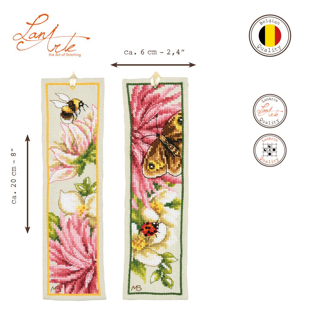 LanArte | Bladwijzer kit Roze dahlia set van 2 | Katoen | 6 x 20 cm