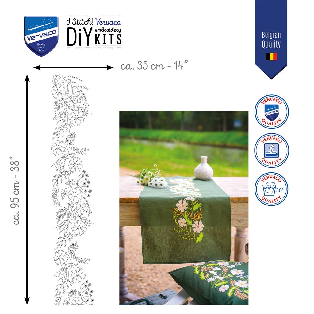Vervaco | Loper kit Witte bloemen | ca. 35 x 95 cm