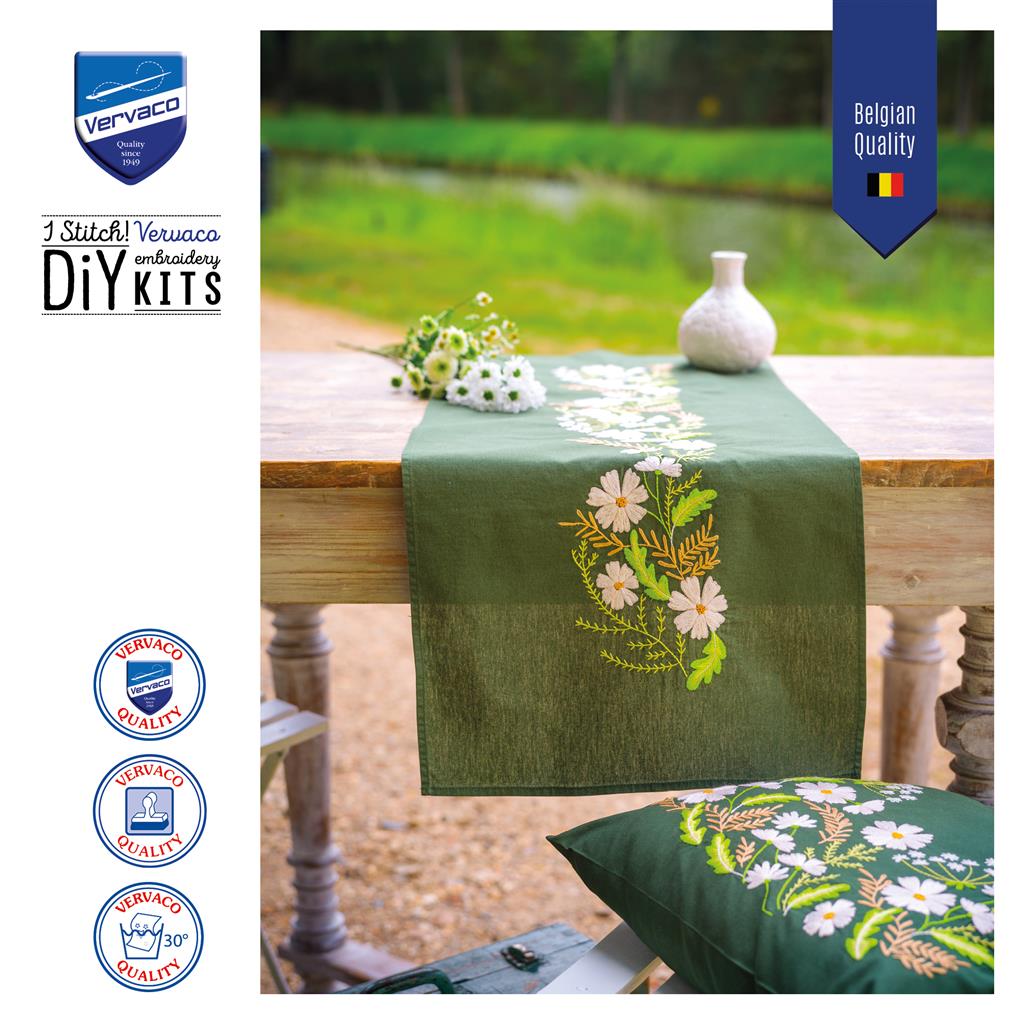 Vervaco | Loper kit Witte bloemen | ca. 35 x 95 cm