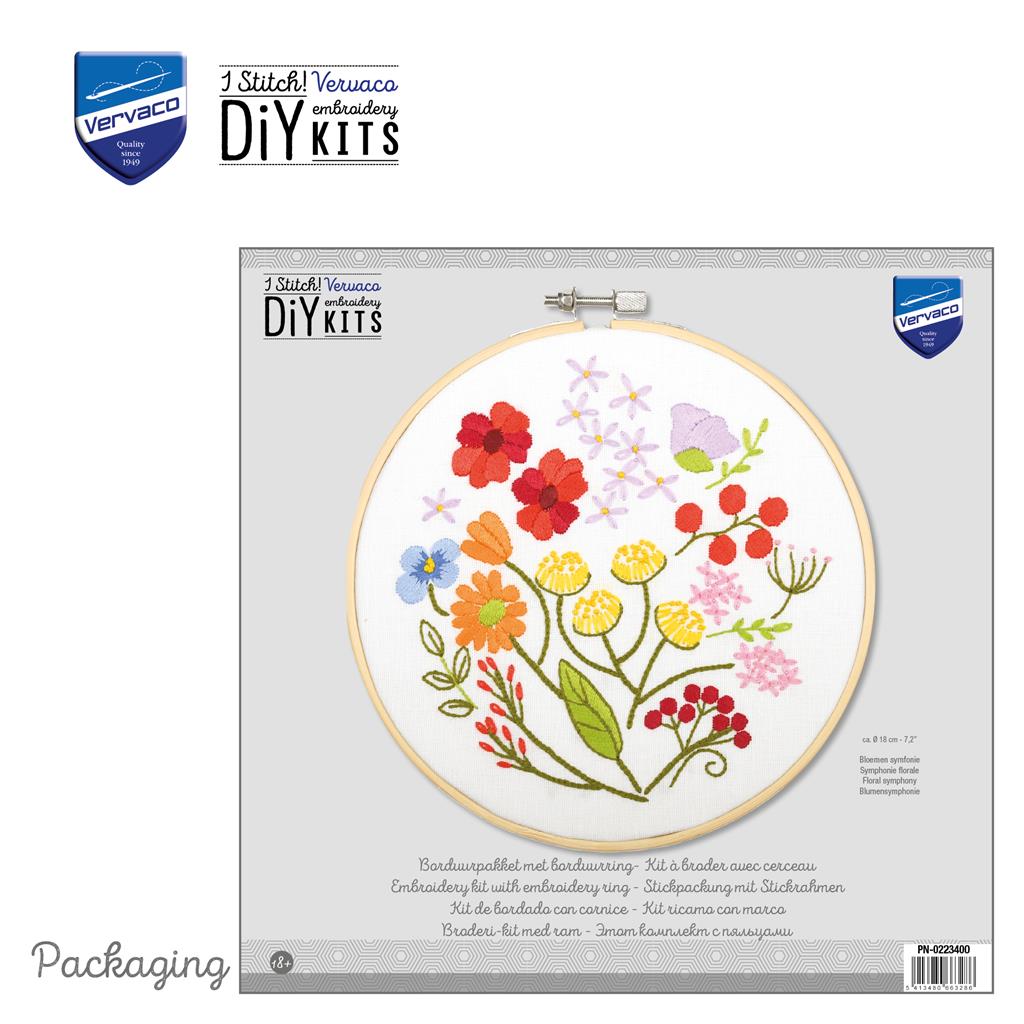 Vervaco | Borduur kit met borduurring Bloemen symfonie | ca. 18 x 18 cm