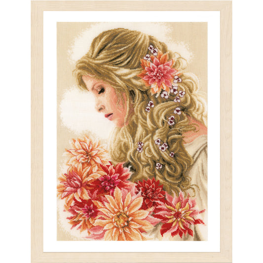 LanArte | Borduurpakket Dame met de Dahlia's | 30 x 45 cm