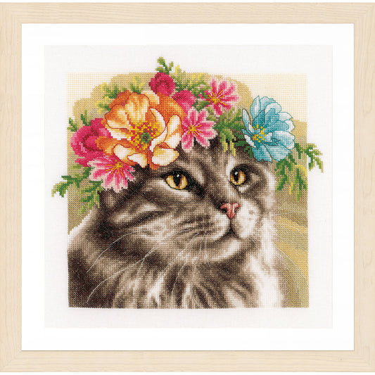 LanArte | Borduurpakket Maine coon met bloemenkrans | Katoen | 29 x 29 cm