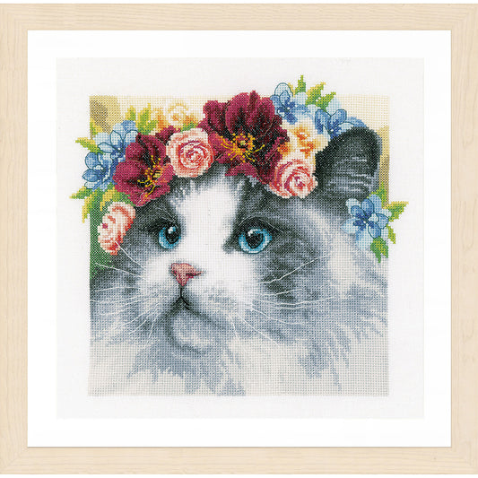 LanArte | Borduurpakket Ragdoll met bloemenkrans | Katoen | 29 x 29 cm