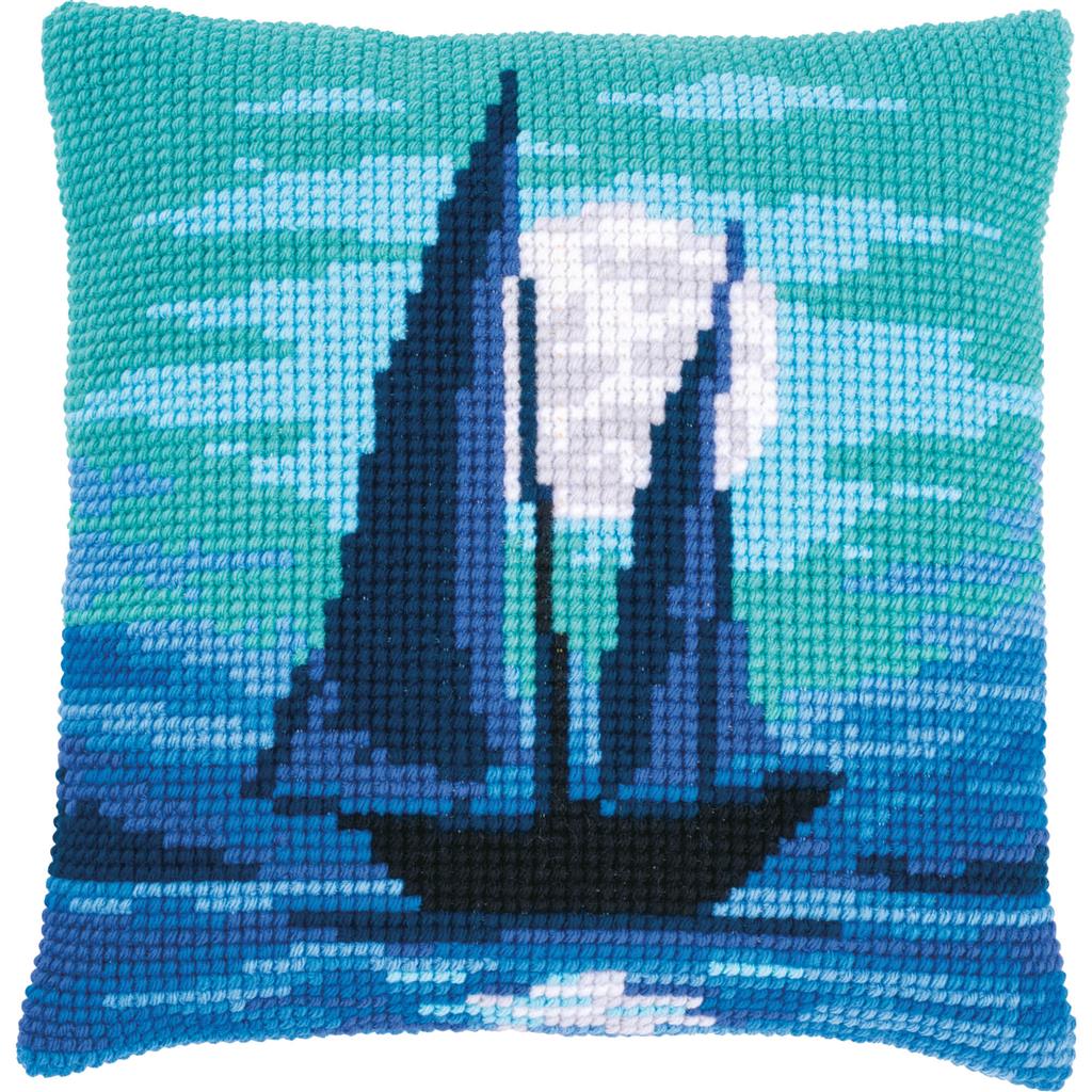 Vervaco | Kruissteekkussen kit Zeilboot in blauw maanlicht