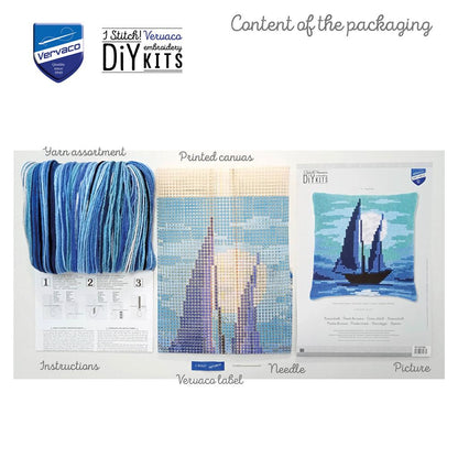 Vervaco | Kruissteekkussen kit Zeilboot in blauw maanlicht