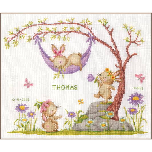 Vervaco | Telpakket kit Konijntjes in de bloementuin | ca. 45 x 37 cm