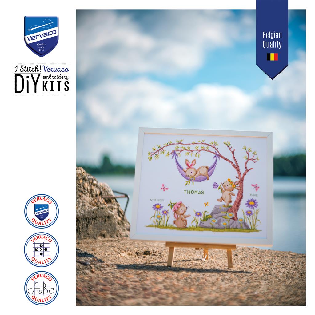Vervaco | Telpakket kit Konijntjes in de bloementuin | ca. 45 x 37 cm
