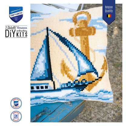 Vervaco | Kruissteekkussen kit Zeilboot | ca. 40 x 40 cm