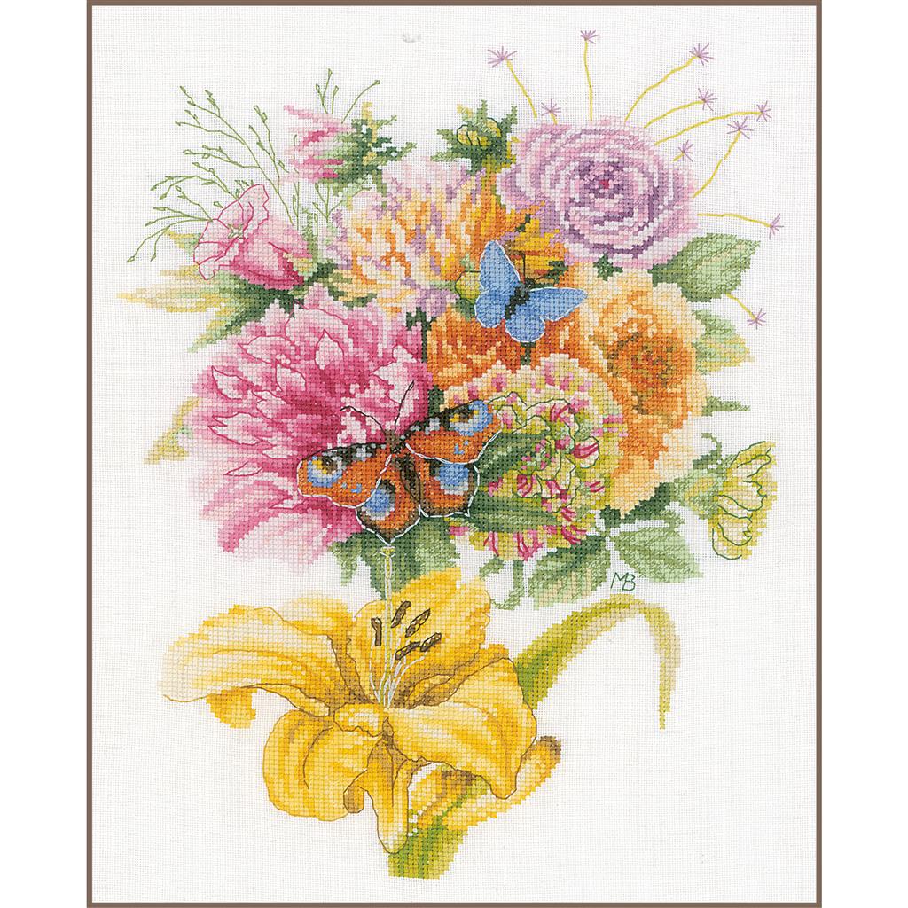 LanArte | Borduurpakket Fleurig boeket met vlinders | Stof | 28 x 38 cm