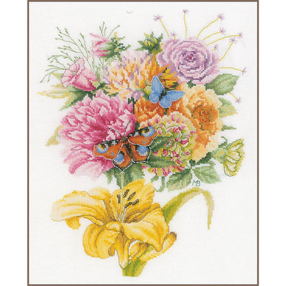 LanArte | Borduurpakket Fleurig boeket met vlinders | Stof | 28 x 38 cm