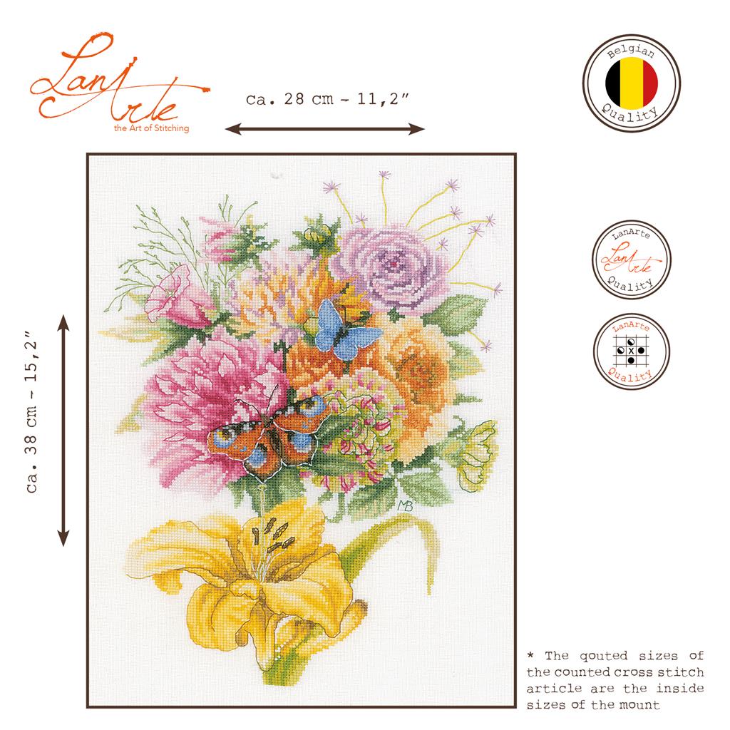 LanArte | Borduurpakket Fleurig boeket met vlinders | Stof | 28 x 38 cm