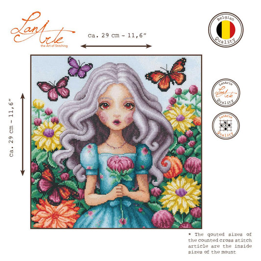 LanArte | Borduurpakket Meisje met dahlia's en vlinders | 29 x 29 cm