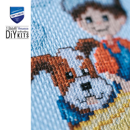 Vervaco | Telpakket kit Vliegtuig met jongen en hondje | ca. 22 x 22 cm