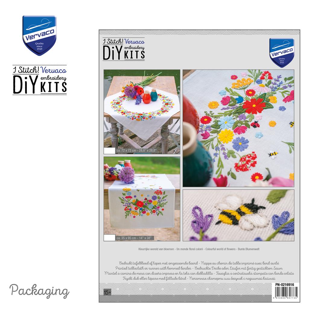 Vervaco | Tafelkleed kit Kleurrijke wereld van bloemen | ca. 72 x 72 cm
