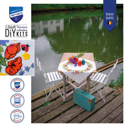 Vervaco | Tafelkleed kit Kleurrijke wereld van bloemen | ca. 72 x 72 cm