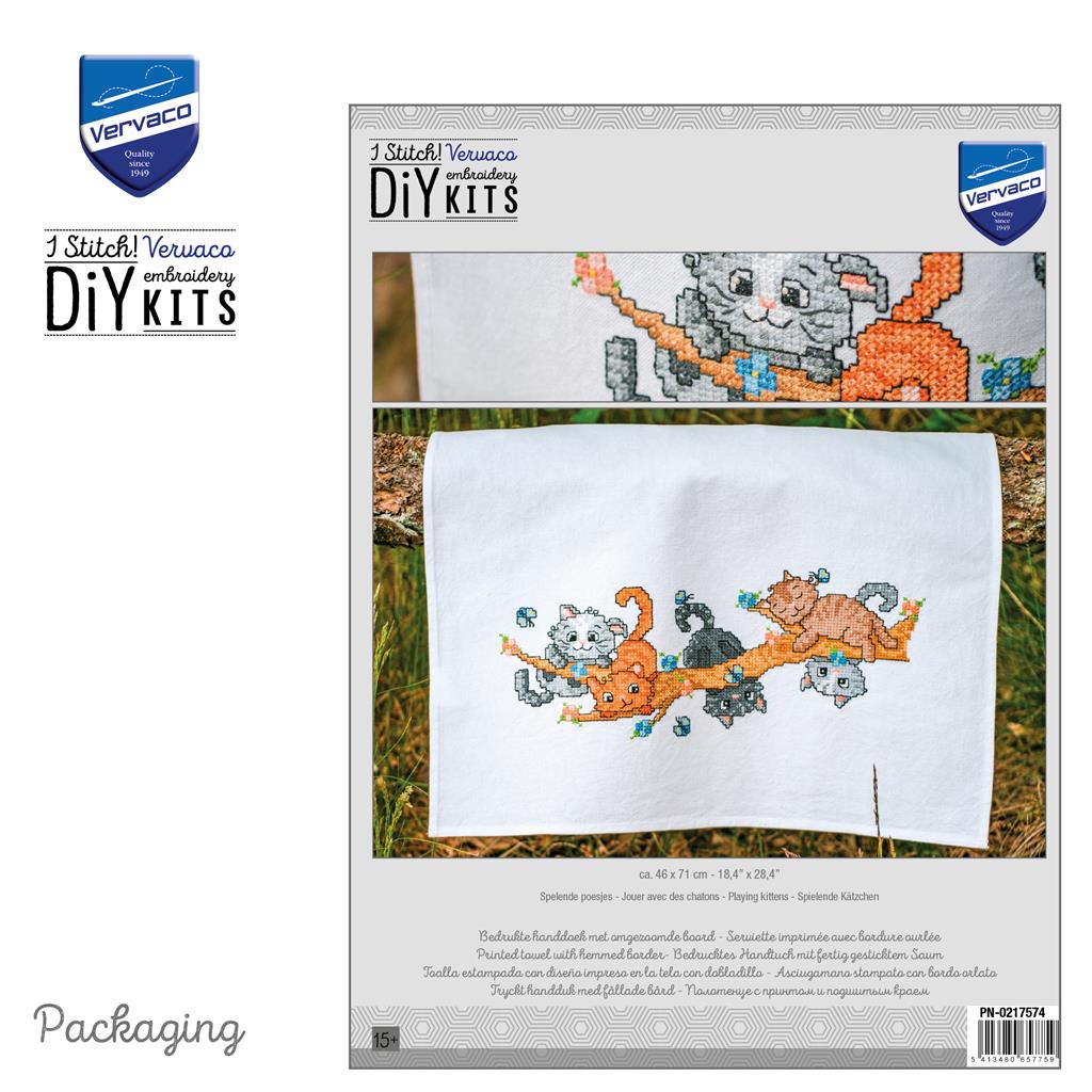 Vervaco | Handdoek kit Spelende poesjes | ca. 46 x 71 cm