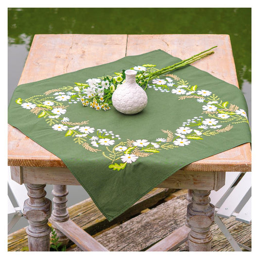 Vervaco | Tafelkleed kit Witte bloemen | ca. 72 x 72 cm