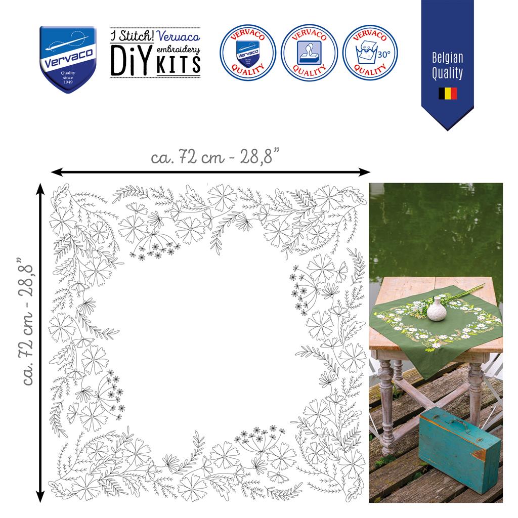 Vervaco | Tafelkleed kit Witte bloemen | ca. 72 x 72 cm