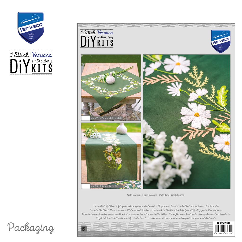 Vervaco | Tafelkleed kit Witte bloemen | ca. 72 x 72 cm