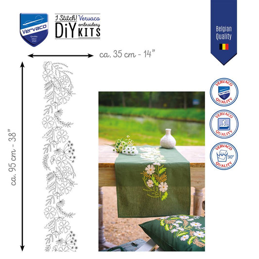 Vervaco | Loper kit Witte bloemen | ca. 35 x 95 cm