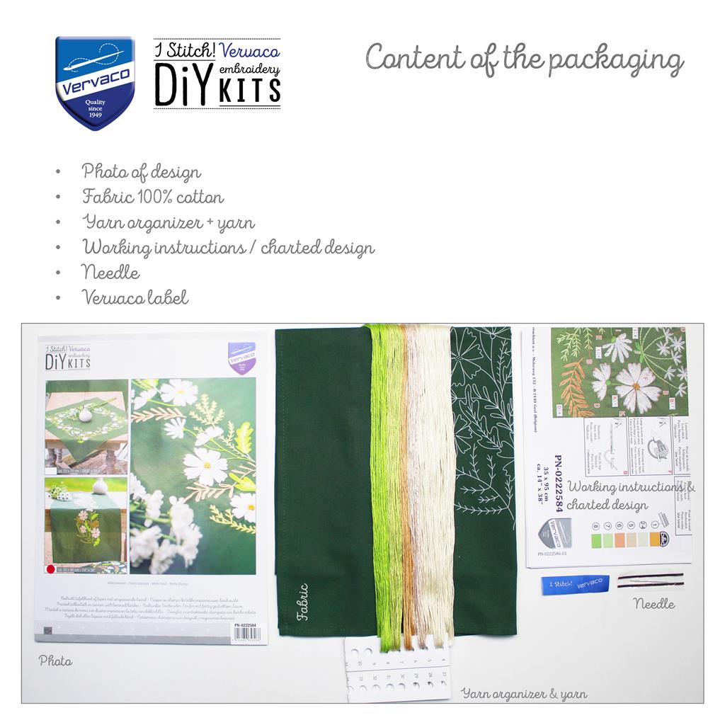 Vervaco | Loper kit Witte bloemen | ca. 35 x 95 cm