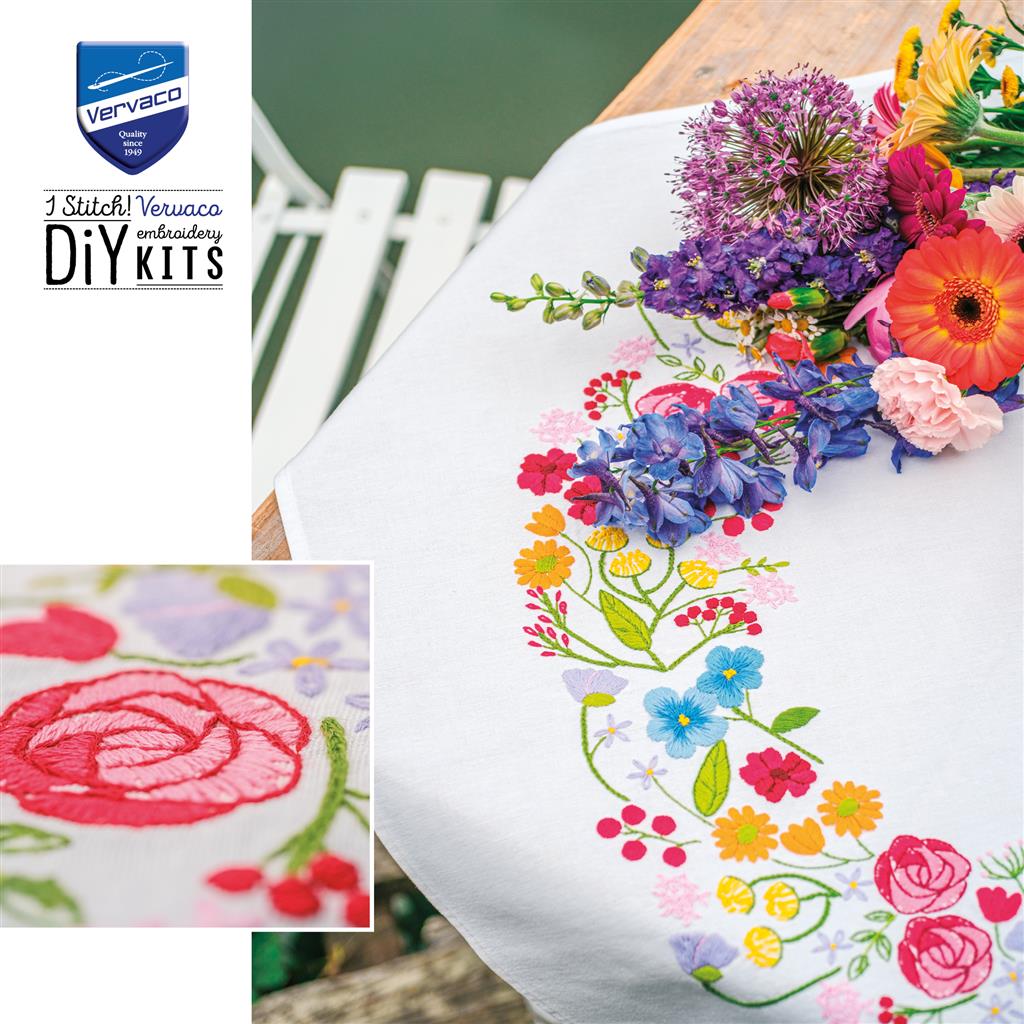 Vervaco | Tafelkleed kit Bloemen symfonie | ca. 72 x 72 cm