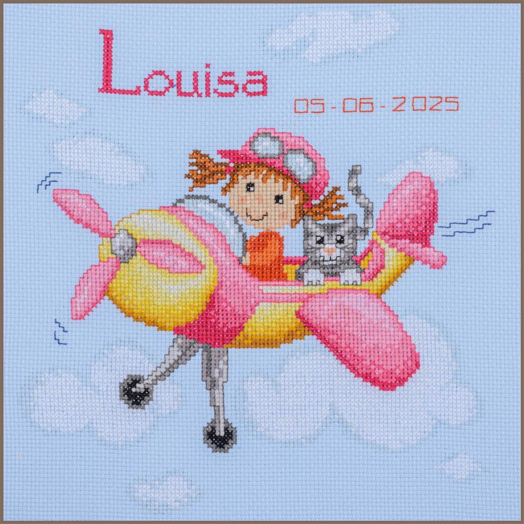 Vervaco | Telpakket kit Vliegtuig met meisje en poesje | ca. 22 x 22 cm