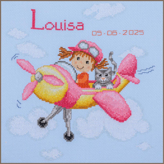 Vervaco | Telpakket kit Vliegtuig met meisje en poesje | ca. 22 x 22 cm