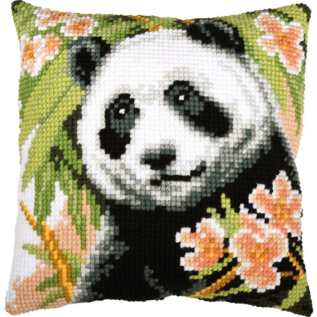 Vervaco | Kruissteekkussen kit Panda met bloemen | ca. 40 x 40 cm