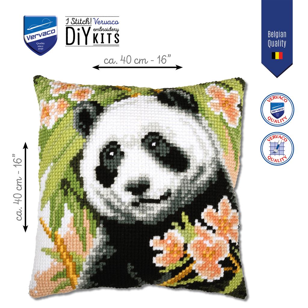 Vervaco | Kruissteekkussen kit Panda met bloemen | ca. 40 x 40 cm