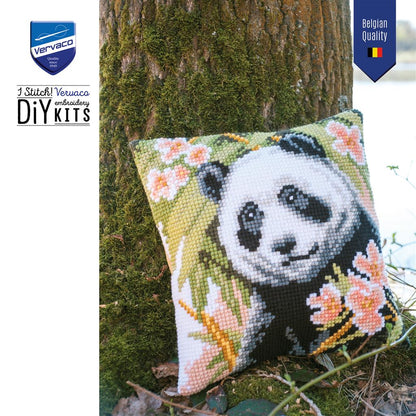Vervaco | Kruissteekkussen kit Panda met bloemen | ca. 40 x 40 cm