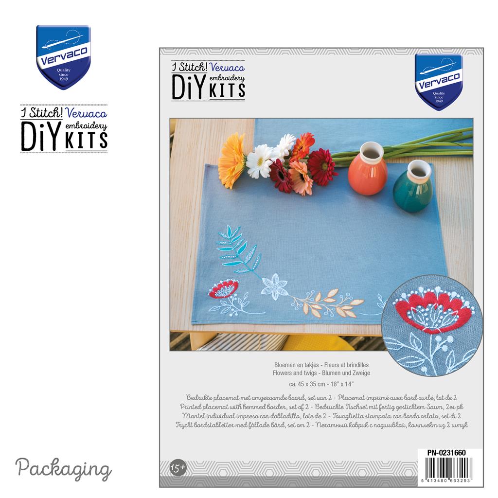 Vervaco | Placemat kit Bloemen en takjes set van 2 | ca. 45 x 35 cm